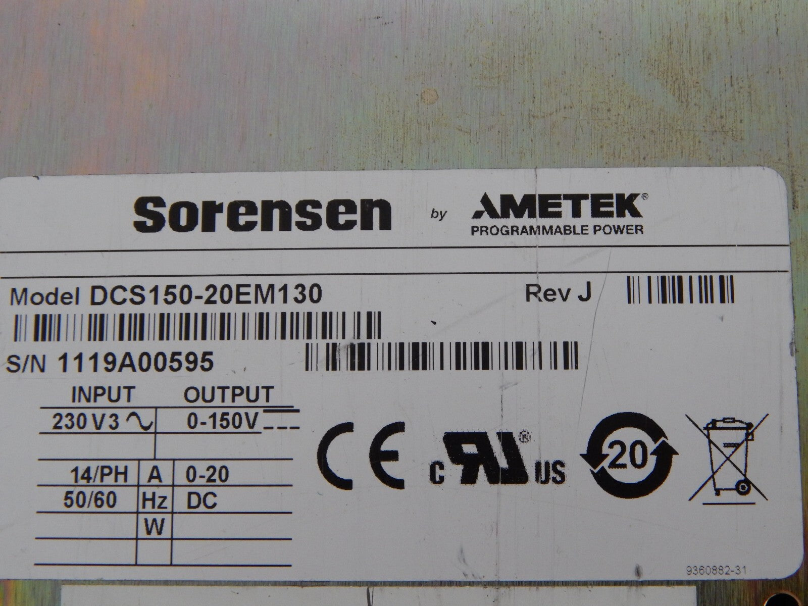 Ametek/Sorenson DCS150-20E M130 LX1 DC Power Supply 0-150V, 0-20A, 3kW Ametek/Sorenson DCS150-20E M130 LX1 DC Power Supply 0-150V, 0-20A, 3kW